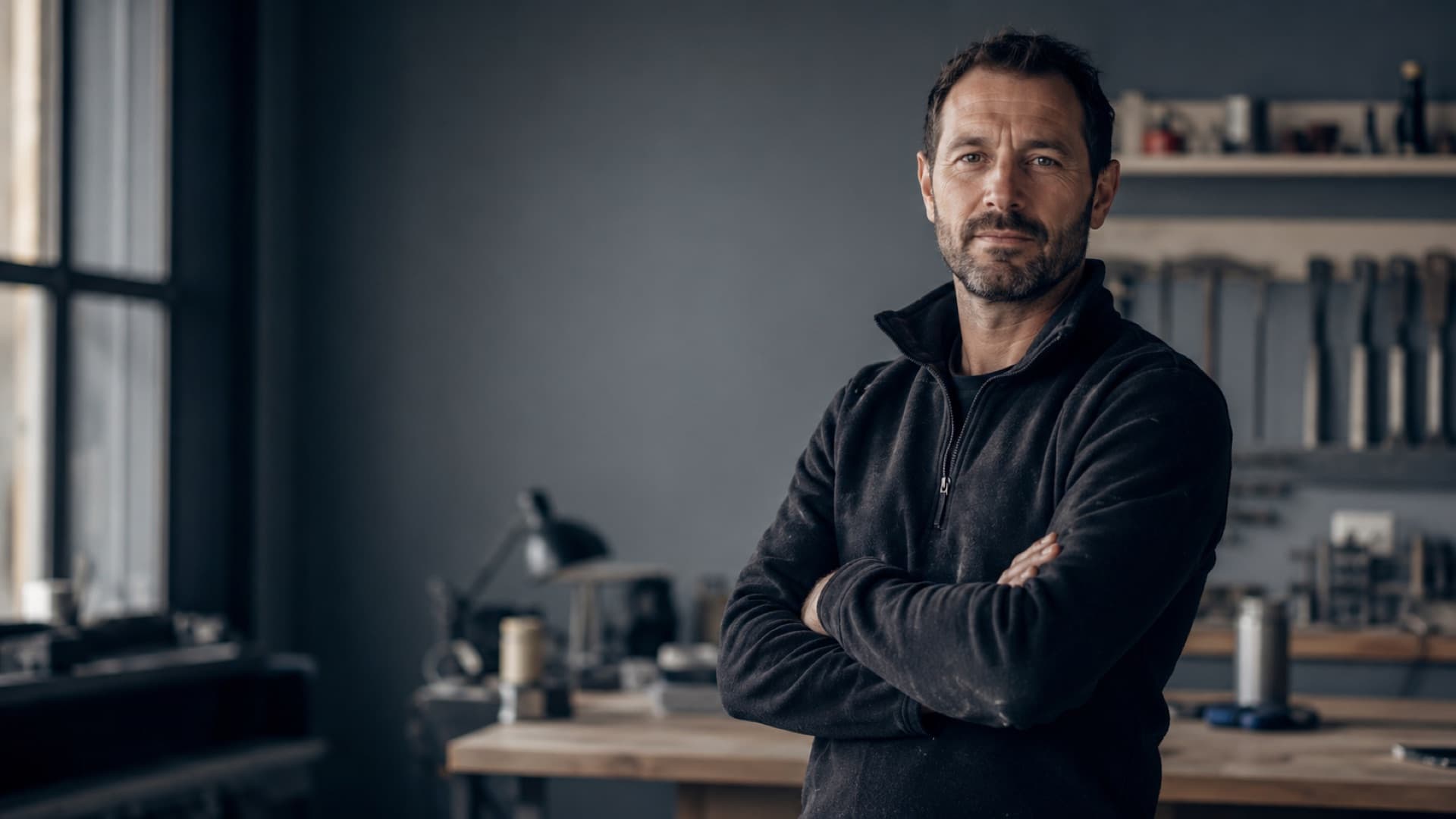 Un artisan serein, bras croisés dans son atelier ordonné, maître de son activité.